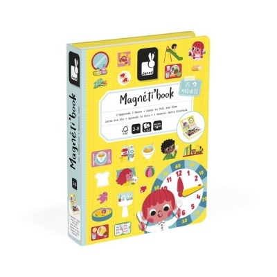 Livro educativo Magneti'book amarelo com ilustrações e relógio de aprendizagem
