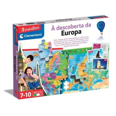 Caixa de puzzle educativo da Europa com mapa colorido e ilustrações para crianças de 7 a 10 anos.