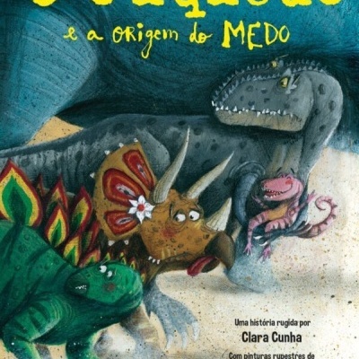 Capa de livro com ilustração de dinossauros e texto em amarelo e preto