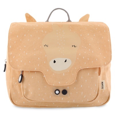 Mochila infantil bege com padrão branco e desenho de animal