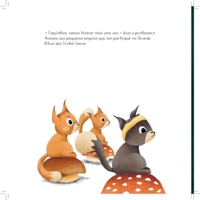 Três esquilos sentados em cogumelos, texto em português à esquerda