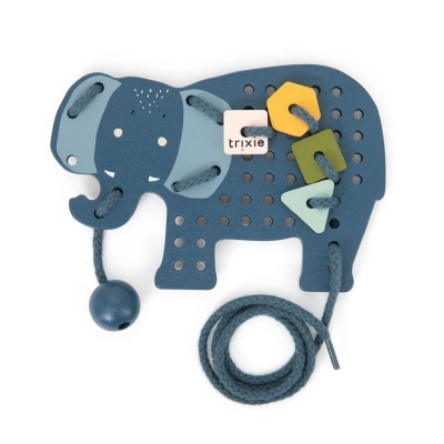 Brinquedo educativo azul em forma de elefante com cordão e contas coloridas