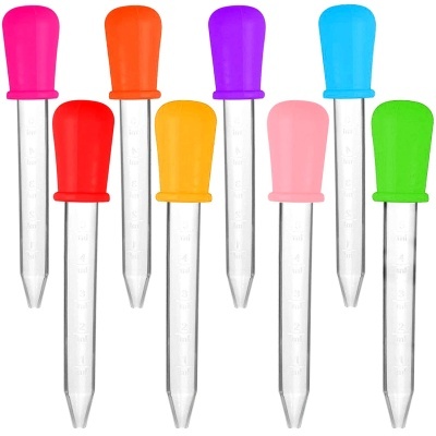 Conjunto colorido de 7 pipetas medidoras com bulbo de silicone