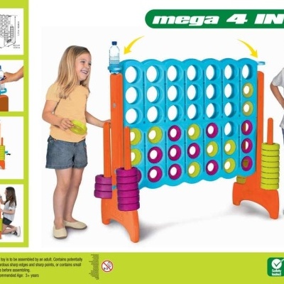 Jogo de quatro em linha colorido de plástico para crianças, com embalagem mostrando instruções e avisos