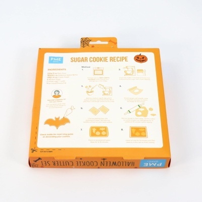 Embalagem laranja com instruções para sugar cookie e ilustrações temáticas de Halloween