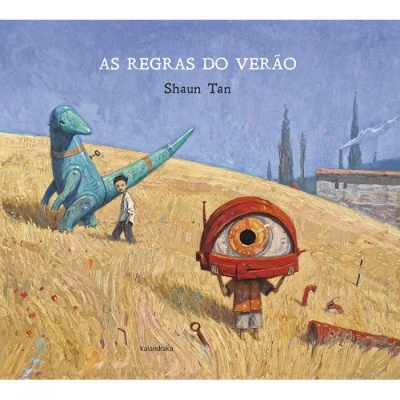 Capa de livro 'AS REGRAS DO VERÃO' de Shaun Tan com ilustração de campo e figuras mecânicas.