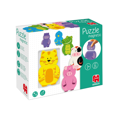 Caixa de puzzle magnético com peças de animais coloridos