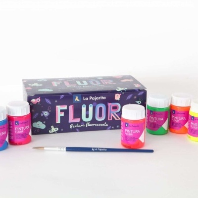 Conjunto de tinta fluorescente com caixa preta colorida, seis frascos de tinta e pincel