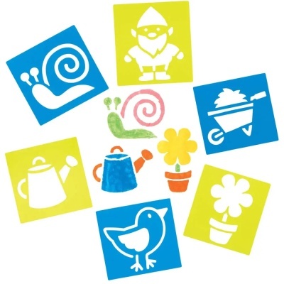 Set de cartões coloridos com ilustrações de caracol, gnomo e regadores