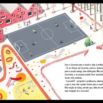 Ilustração de campo de futebol cinza com edifícios vermelhos e árvores altas