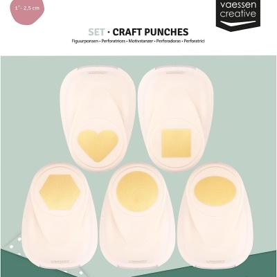 Conjunto de 5 perfuradores artesanais com formas geométricas em embalagem verde claro