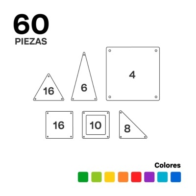 Peças geométricas coloridas com números e texto em espanhol indicando 60 peças e várias cores.