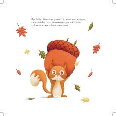 Ilustração de esquilo segurando uma bolota grande e folhas de outono