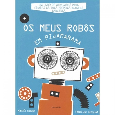 Capa de livro azul com ilustração de robô e texto em branco e preto