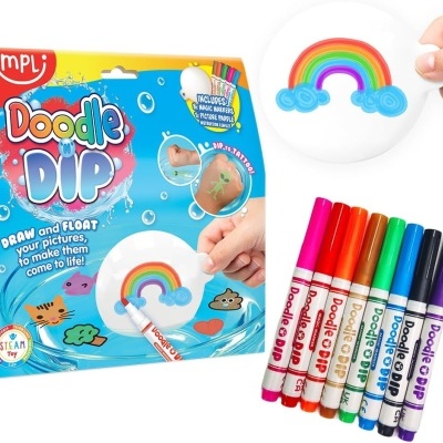 Conjunto Zimpli Doodle Dip com marcadores coloridos, folhas com desenho de arco-íris e embalagem colorida