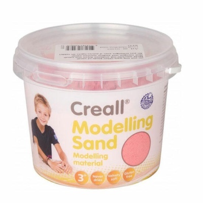 Recipiente de plástico com areia modeladora rosa e etiqueta do produto