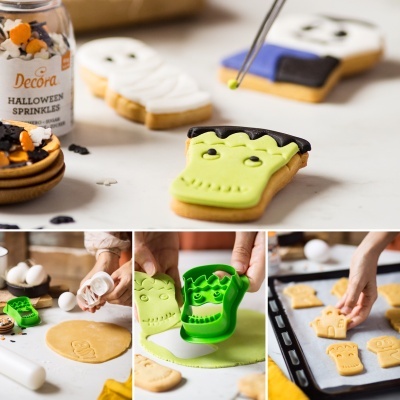 biscoitos de Halloween decorados e moldes para cortar massa