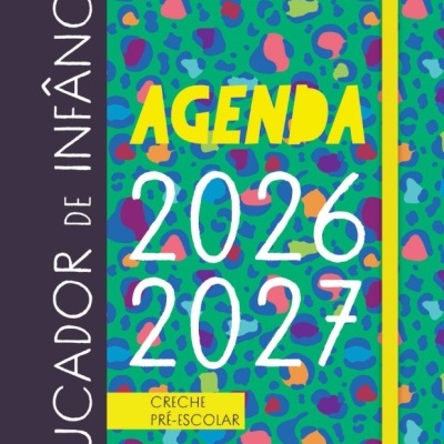 Agenda colorida para educador de infância com texto e padrão multicolorido