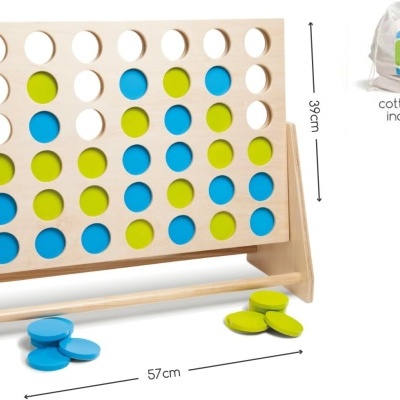 Jogo de tabuleiro vertical em madeira com peças azuis e verdes e saco de algodão