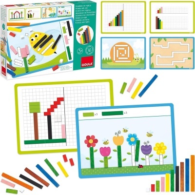 Jogo educativo Goula com cartões coloridos e peças para atividades de lógica e matemática