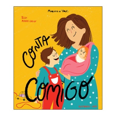 Capa de livro colorida com mulher, bebé e criança e título Conta Comigo