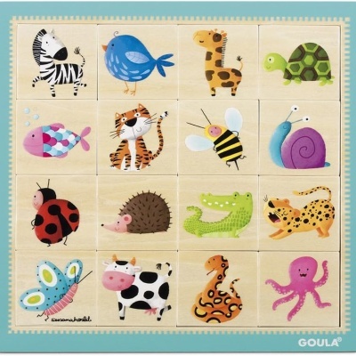 Quebra-cabeças de madeira com 16 peças de animais coloridos em estilo cartoon