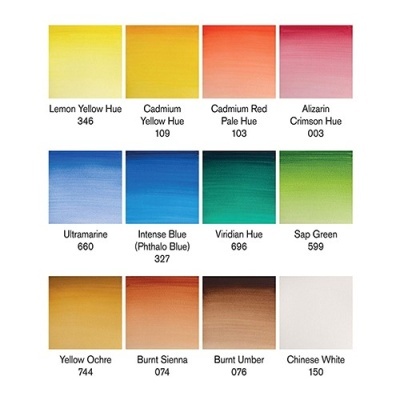 Amostras de cor em quadrados com nomes e códigos para pigmentos de pintura