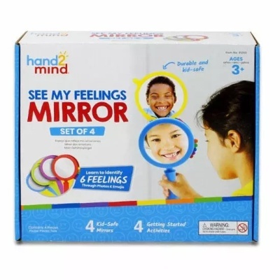 Caixa do kit educativo com 4 espelhos coloridos para crianças, destacando sentimentos com fotos e emojis