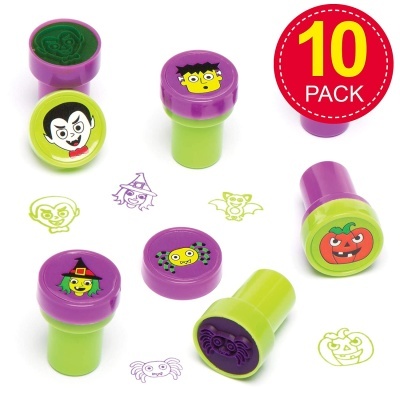 Conjunto de 10 carimbos Halloween em verde e roxo com várias imagens estampadas.