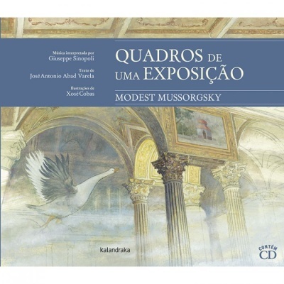 Capa de livro 'Quadros de uma Exposição' com ilustração clássica, texto e selo contendo CD