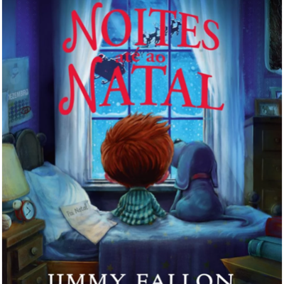 Capa de livro ilustrada mostrando menino e cão numa cama azul com janela e neve ao fundo