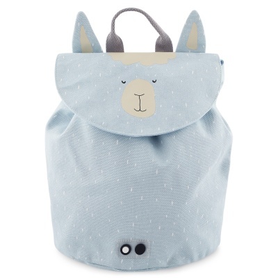 Mochila infantil azul claro com rosto de animal e orelhas