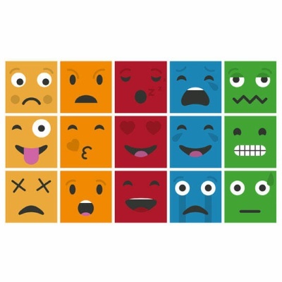Quadro de cinco colunas por três linhas de emojis coloridos com várias expressões faciais.