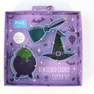 Conjunto de cortadores de biscoitos temáticos com vassoura, chapéu de bruxa e caldeirão