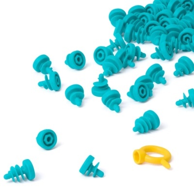 Tampões para os ouvidos azuis em silicone com anel amarelo de transporte