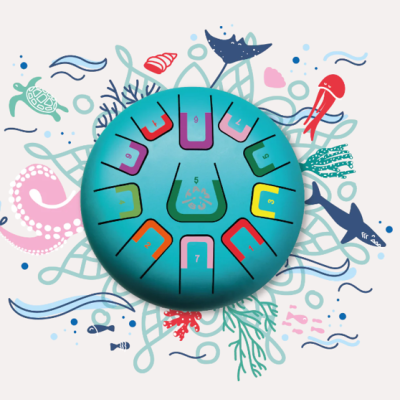 Objeto redondo azul com segmentos numerados sobre fundo decorativo marinho