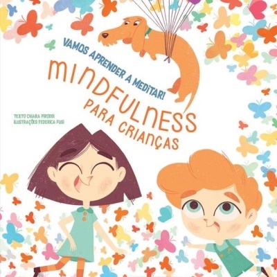 Capa do livro Mindfulness para crianças com crianças, cão e borboletas coloridas