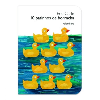 Capa de livro infantil com dez patinhos amarelos sobre fundo azul-verde