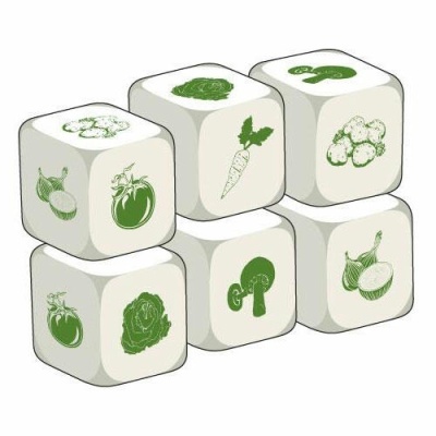 Cubos brancos com ilustrações verdes de vegetais variados