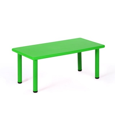 Mesa retangular verde com pernas cilíndricas e acabamentos pretos