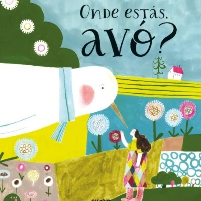 Capa de livro ilustrado com pássaro branco grande e menina com vestido colorido a olhar para ele