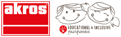Logotipo 'akros' vermelho e ilustração de duas crianças sorridentes com texto educativo em inglês