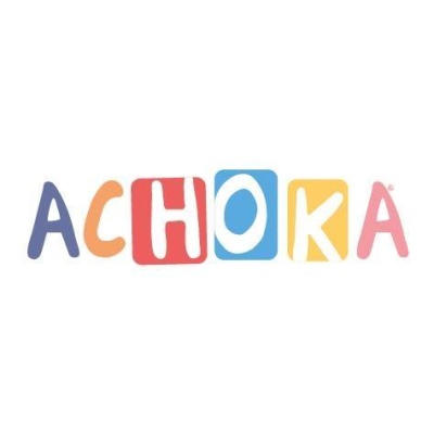 Logotipo colorido da palavra ACHOKA com letras distintas