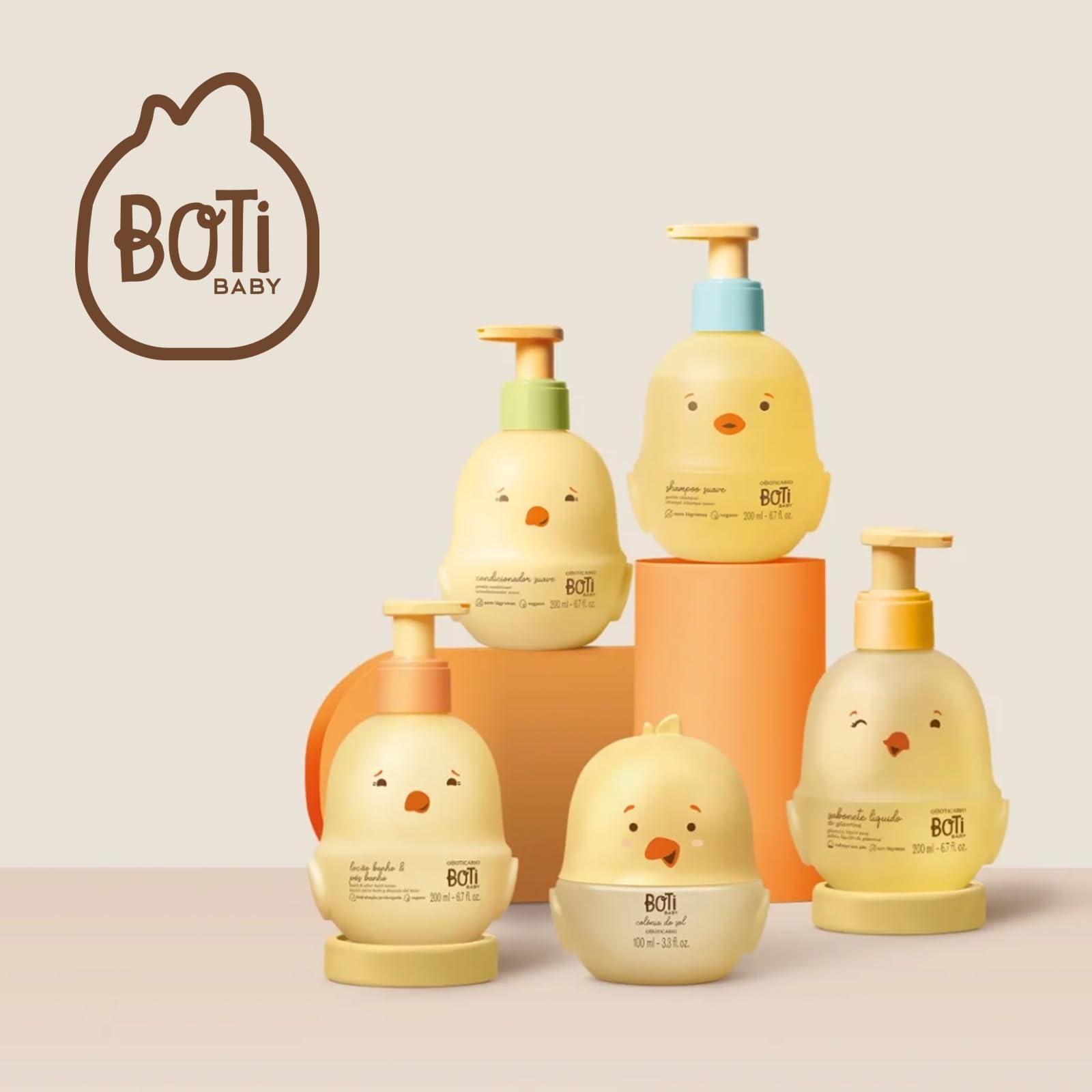 Boti Baby Condicionador Suave 200ml Produtos BOTI BABY amarelos com tampas coloridas e desenho de pato