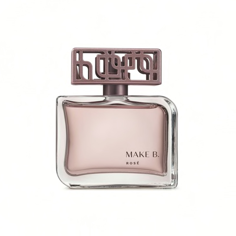 Make B. Rosé Eau de Parfum 75ml Frasco de perfume Make B. Rosé com líquido rosé e tampa castanha decorativa