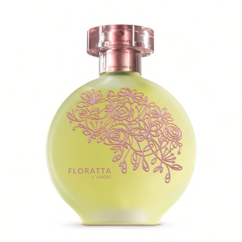 Floratta L'Amore Eau de Toilette 75ml frasco de perfume Floratta L'Amore amarelo com tampa rosa e decoração floral