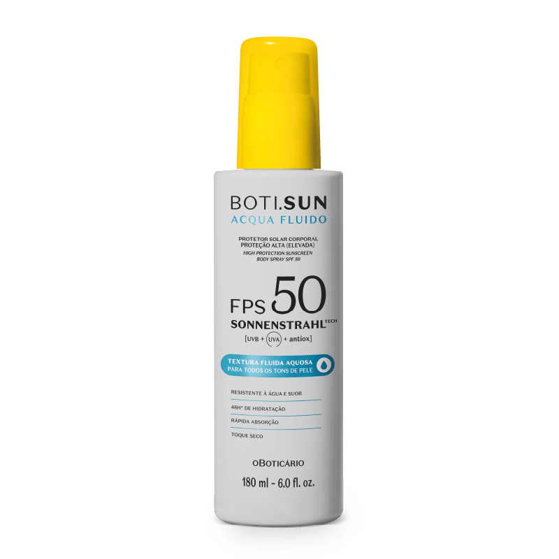 Boti.Sun Protetor Solar Corporal Spray FPS50 180ml Frasco de protetor solar BOTI SUN Acqua Fluido FPS 50 180 ml com tampa amarela