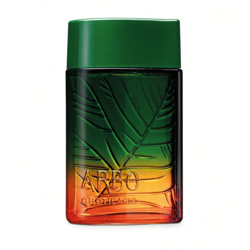 Arbo Liberté Eau de Toilette 100ml Frasco de perfume verde e laranja com textura de folhas e tampa verde