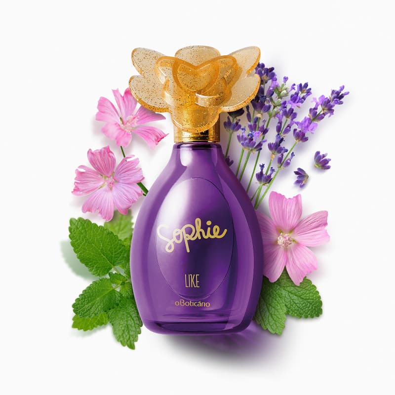 Sophie Like Eau de Toilette 100ml Frasco de perfume roxo com tampa dourada e flores ao redor