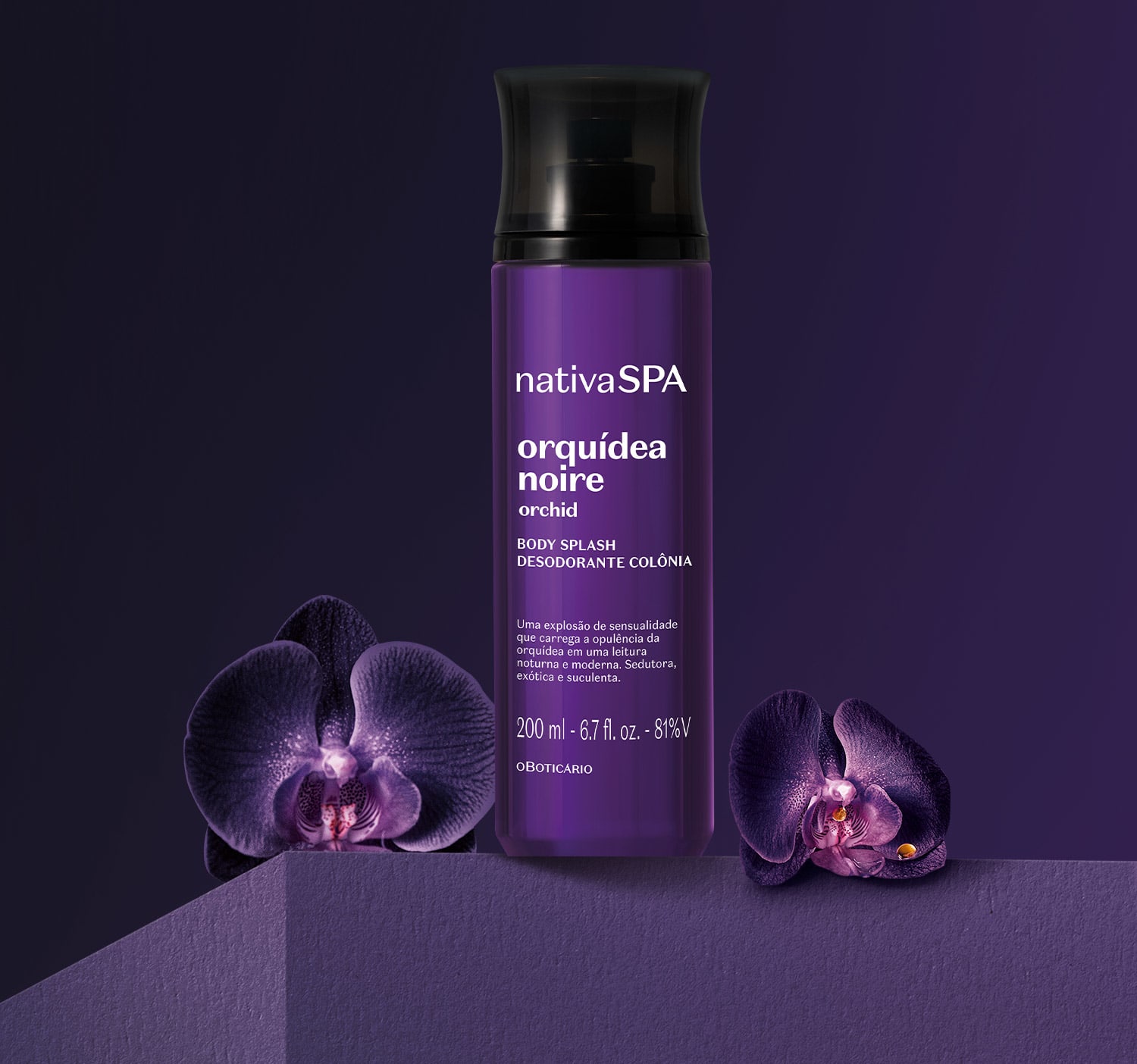 Nativa SPA Body Splash Orquídea Noire 200ml Desodorizante colónia Nativa SPA Orquídea Noire com duas flores de orquídea roxa